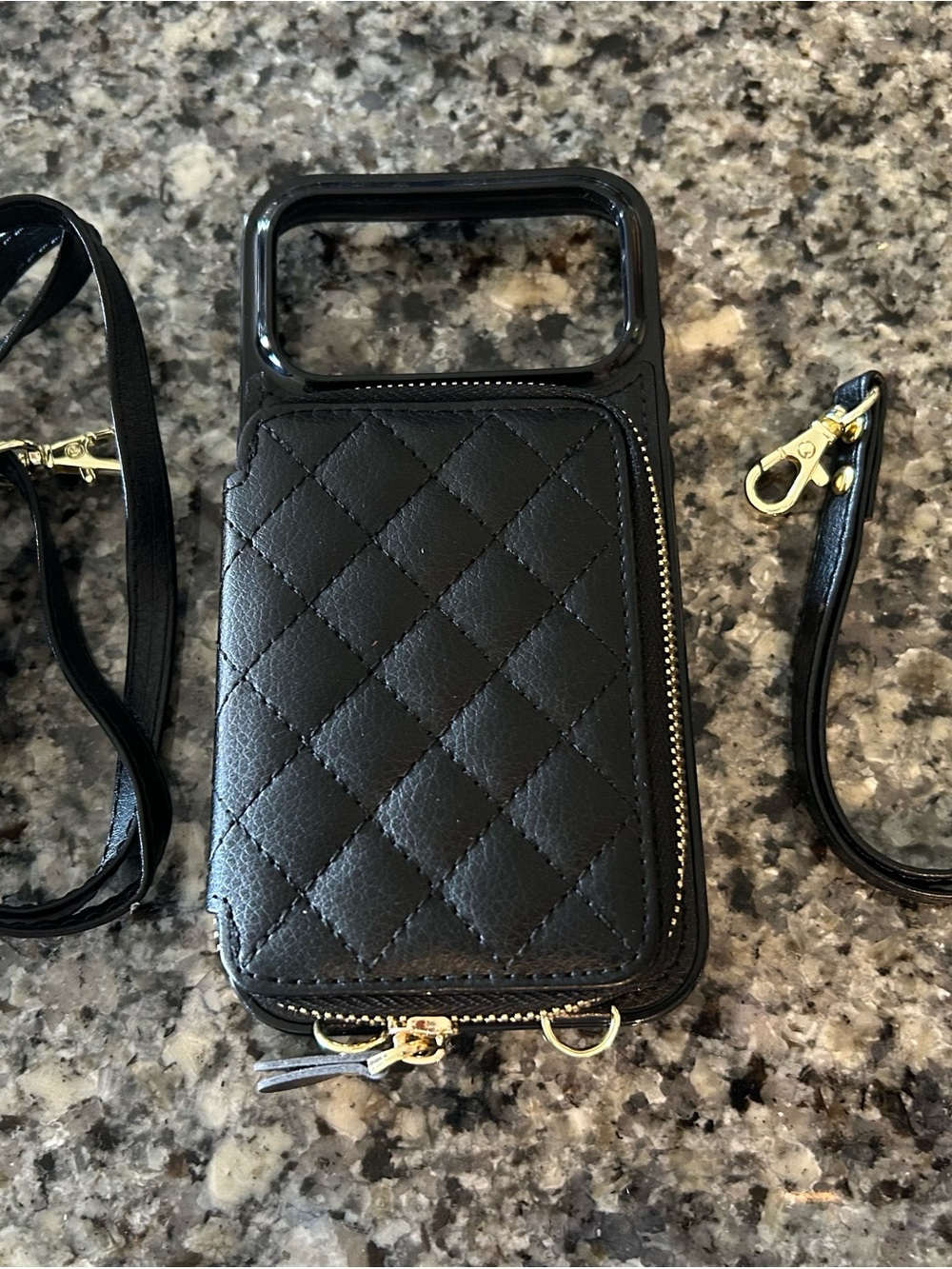 Quilted Black Crossbody iPhone 17 Pro Max Wristlet with Gold Hardware
